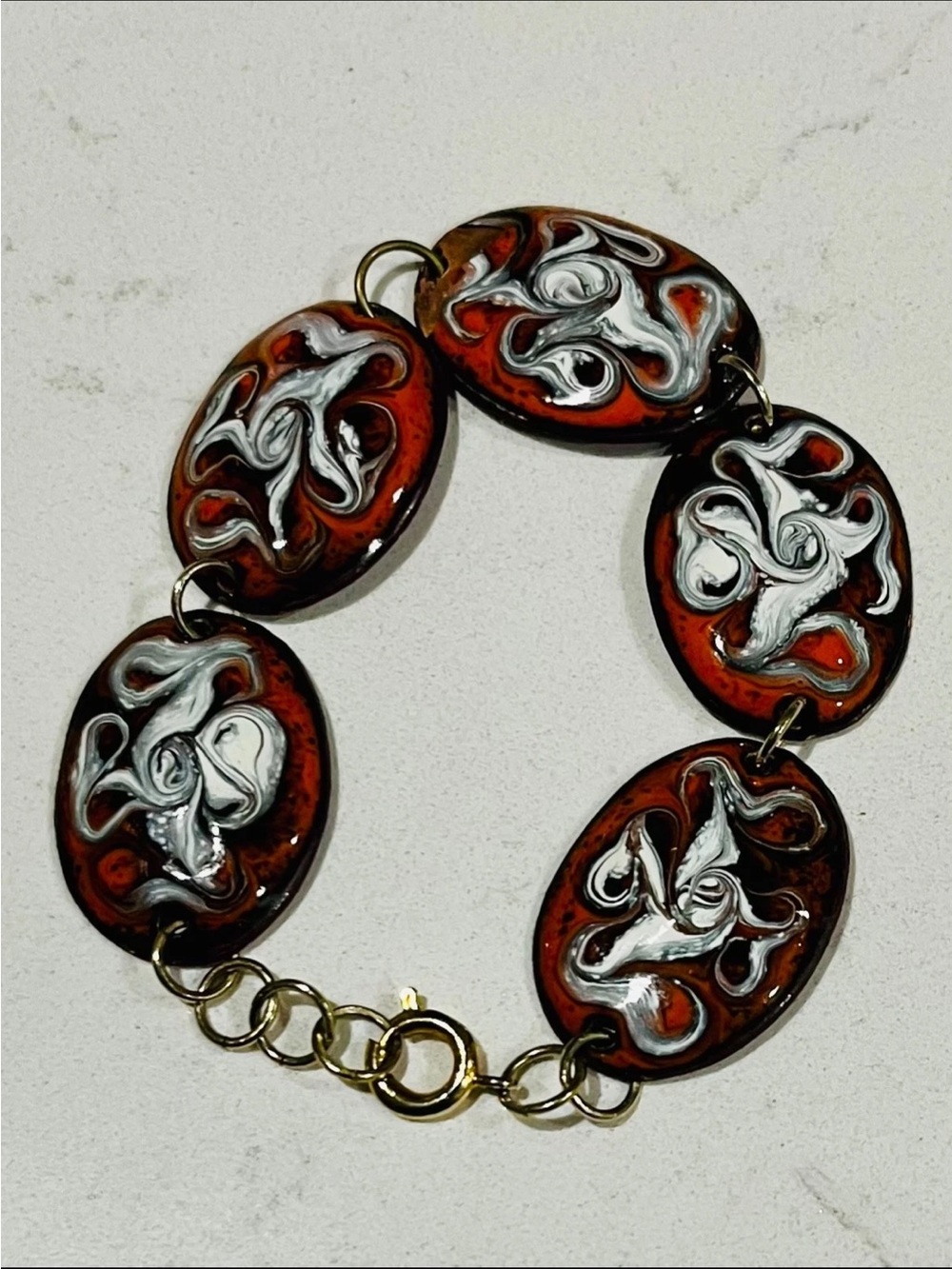 Vintage Hand Painted Copper Enamel Art Link Bracelet Orange White 7.25”